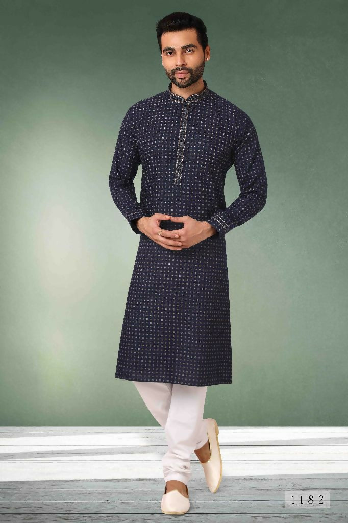 Raivat Ethnic Cotton Printed Work Kurta Pajama In Navy Blue Colour - Distacart