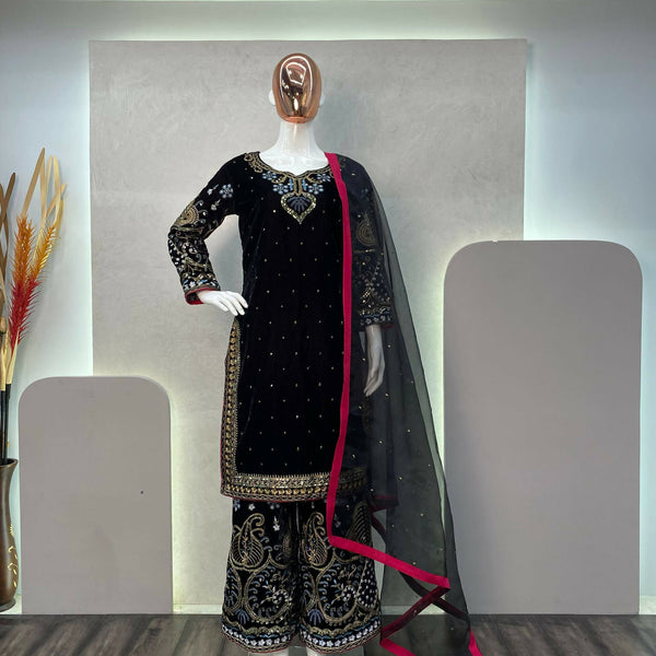 Vastranavya Black Viscose Velvet Cording Sequence Embroidery Work Suit With Dupatta