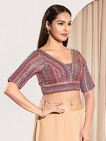 Thumbnail for Joban Fashion Purple Multi Brocade Padded Blouse With V Neck Elbow Sleeves - Distacart
