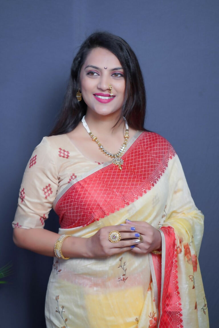 Jyoti Fashion Women's Red Linen Silk Digital Print with Jacquard Woven Border Saree with Blouse - Distacart