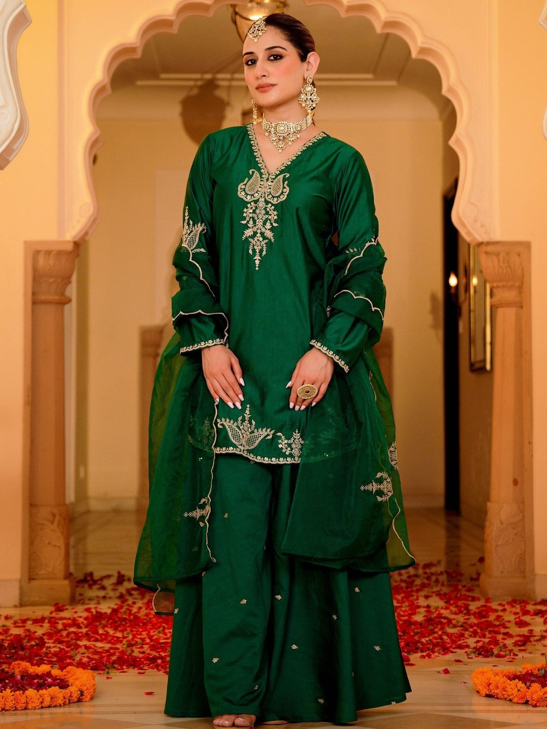 Dwija Fashion A-Line Kurti Silk Blend Embroidered Green Color Kurti With Plazzo And Dupatta