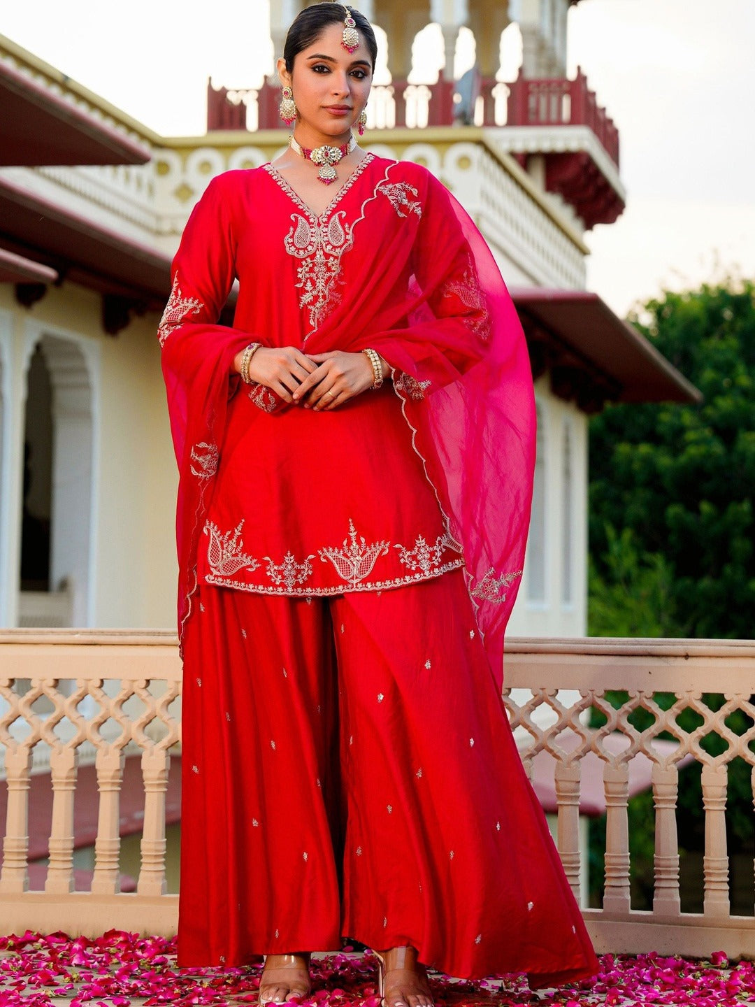 Dwija Fashion A-Line Kurti Silk Blend Embroidered Red Color Kurti With Plazzo And Dupatta