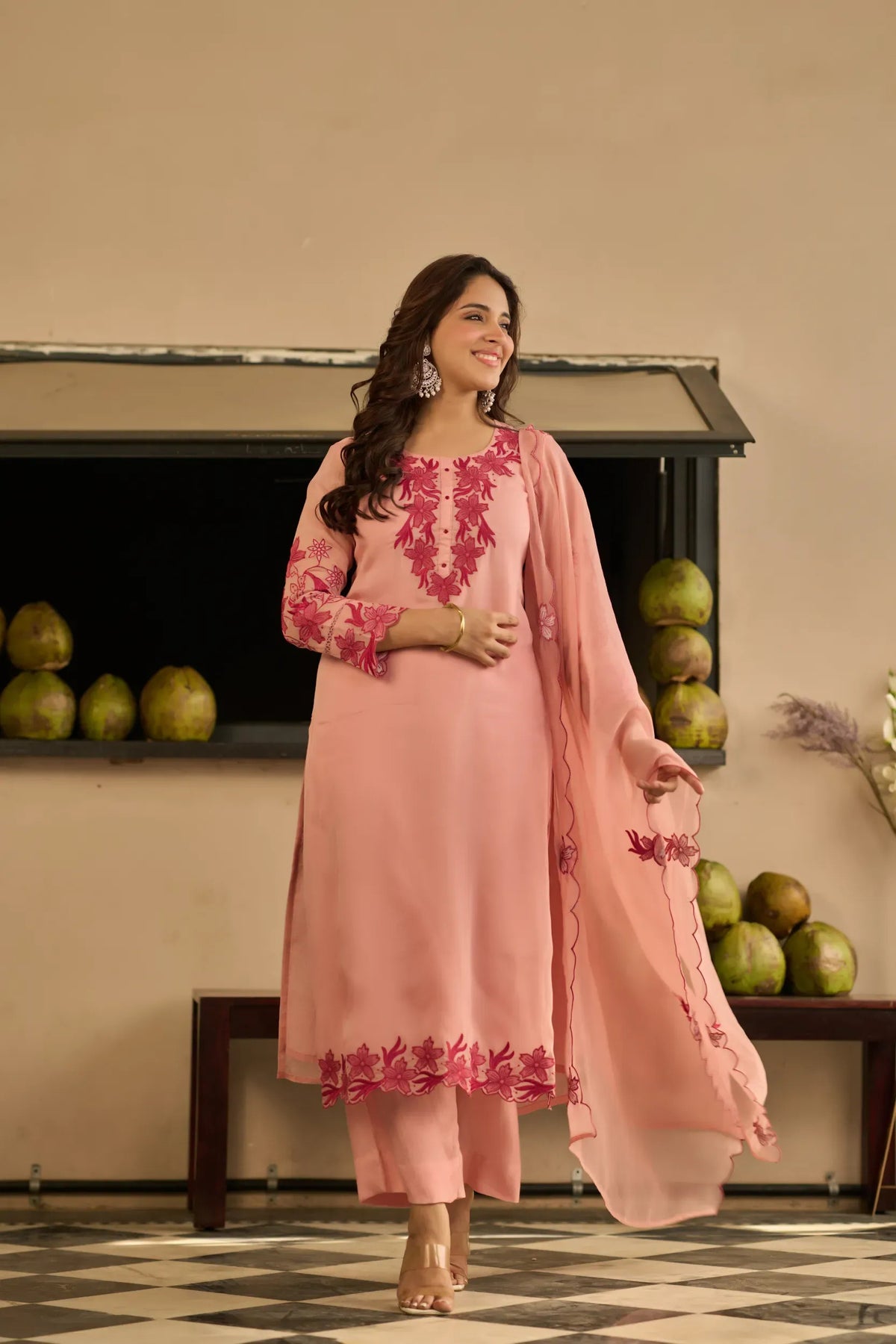 Dwija Fashion A-Line Kurti Silk Blend Embroidered Peach Color Kurti With Pant And Dupatta