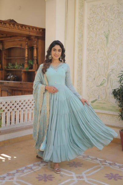Aastha Fashion Women's Sky Blue Faux Georgette Sequins Embroidered Anarkali Dress with Dupatta - Distacart