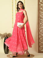 Thumbnail for Myshka Women's Pink Georgette Sleeveless Flayered Party Kurta With Dupatta Set - Distacart