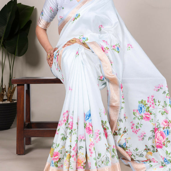 Vastranavya White Tussar Silk Printed with Viscose Border Saree with Unstitched Blouse - Distacart