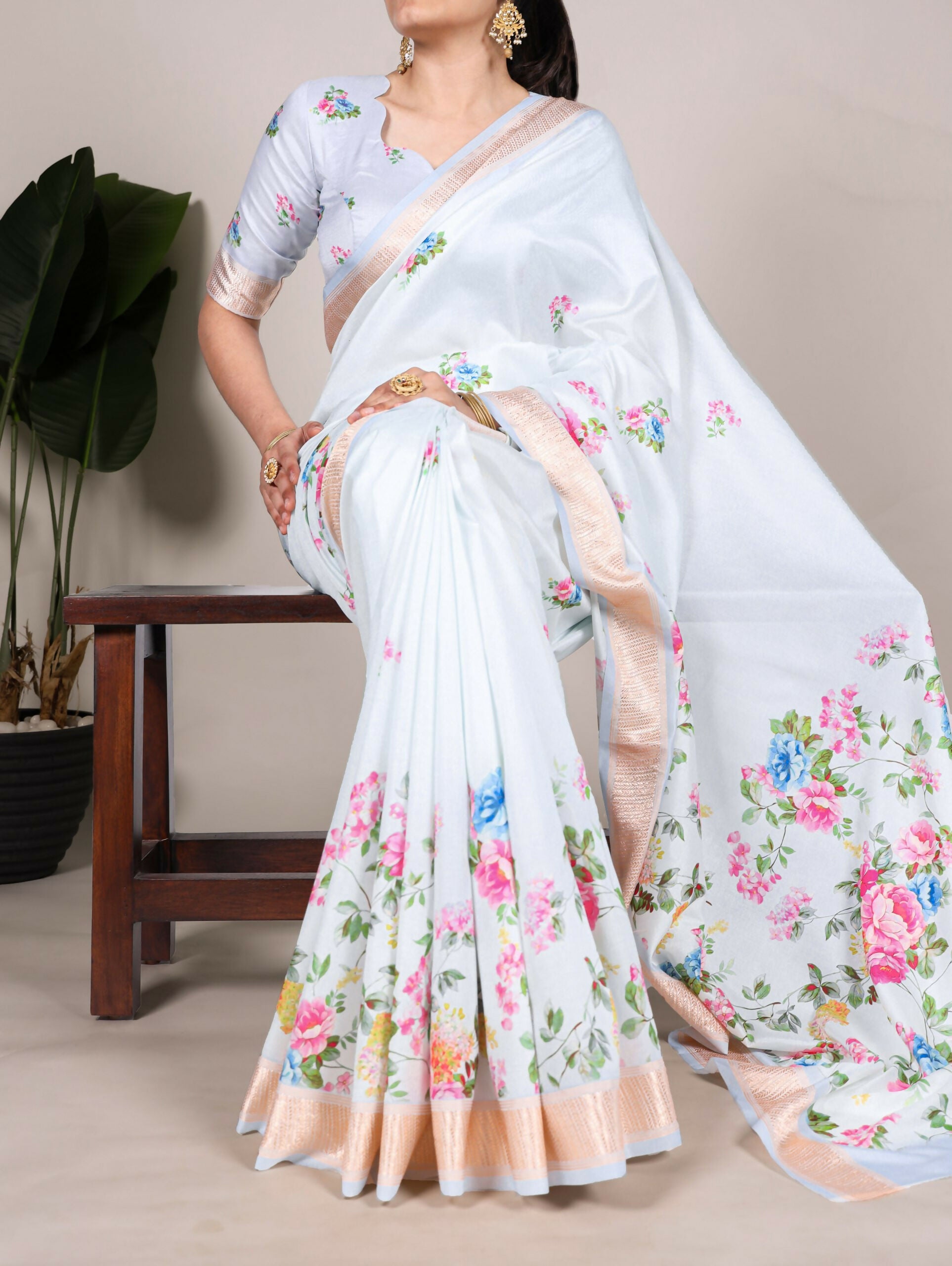 Vastranavya White Tussar Silk Printed with Viscose Border Saree with Unstitched Blouse - Distacart