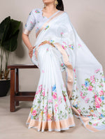 Thumbnail for Vastranavya White Tussar Silk Printed with Viscose Border Saree with Unstitched Blouse - Distacart