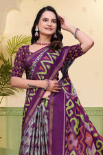 Thumbnail for Prime Volt Mal Cotton Purple Ethnic Printed Saree with Designer Blouse Piece - Distacart