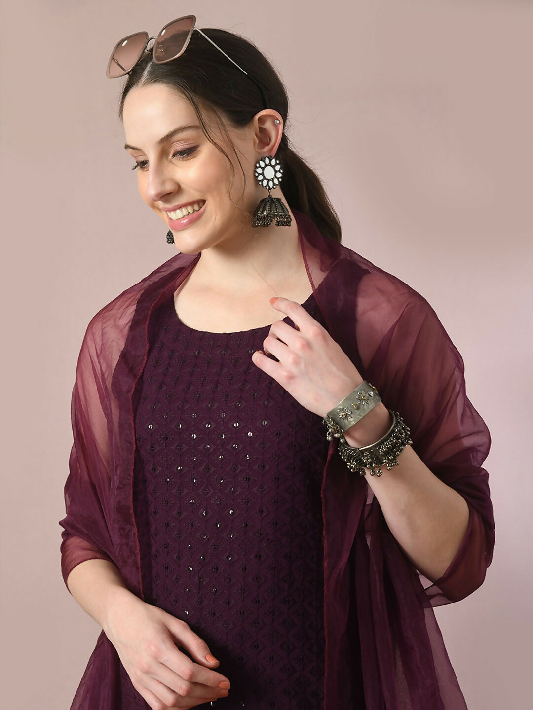 Myshka Women's Magenta Embroidered Cotton Straight Party Kurta Set With Dupatta - Distacart