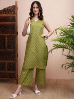 Thumbnail for Vishudh Green Printed Pure Cotton Straight Kurta with Palazzos