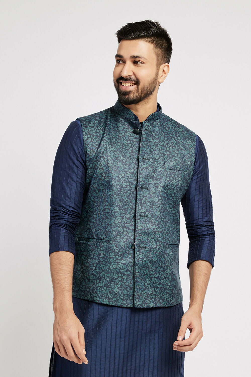 Ethnic India Navy Blue Bundi Men's Jacket Geometric Polyester - Distacart