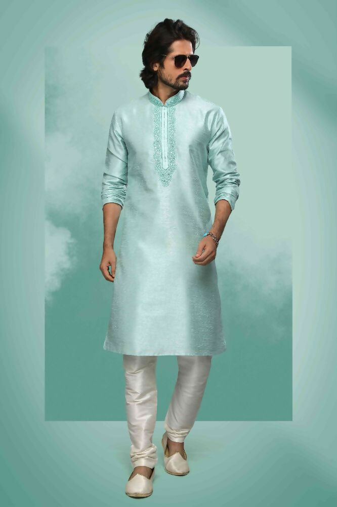 Raivat Ethnic Art Silk Mirror Embroidery Work Kurta Pajama In Pista Green Colour - Dista