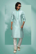 Thumbnail for Raivat Ethnic Art Silk Mirror Embroidery Work Kurta Pajama In Pista Green Colour - Dista
