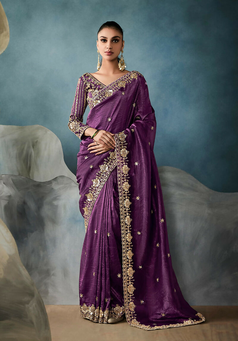 Monjolika Fashion Purple Tissue Embroidered Sequins And Zari Work Saree