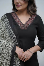 Thumbnail for The52 Black Women's Gorgeous Parampara Fabric Embroidered Work Straight Kurta Palazzo and Dupatta Set - Distacart