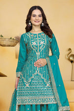 Thumbnail for Teeya Creation Teal Color Natural Crepe Silk Wedding Wear Trending Palazzo Set - Distacart