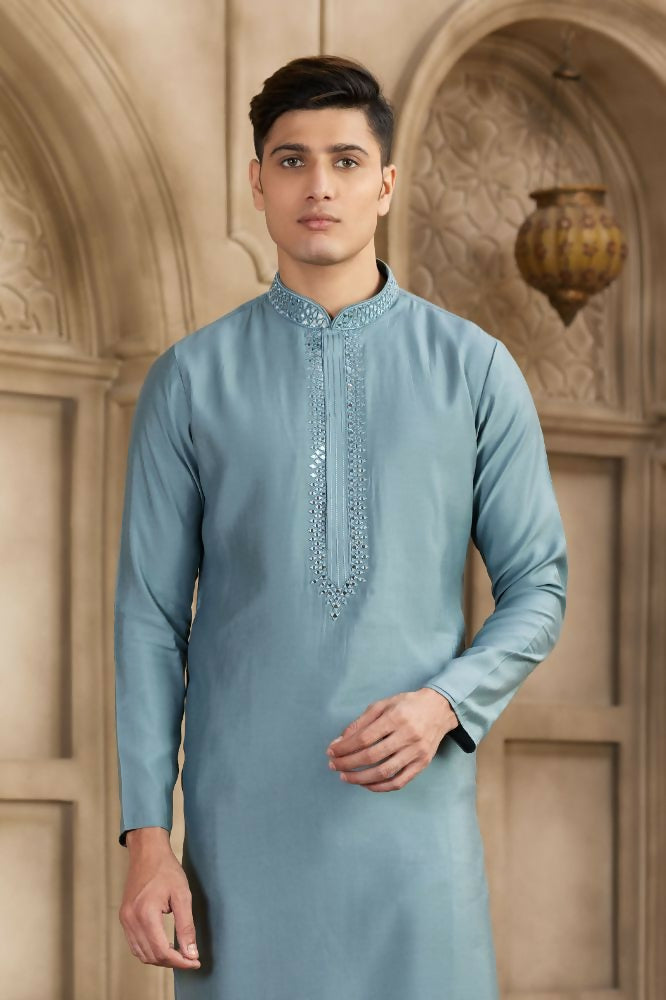 Raivat Ethnic Banarasi Art Silk Mirror Work Kurta Pajama In Grey Colour