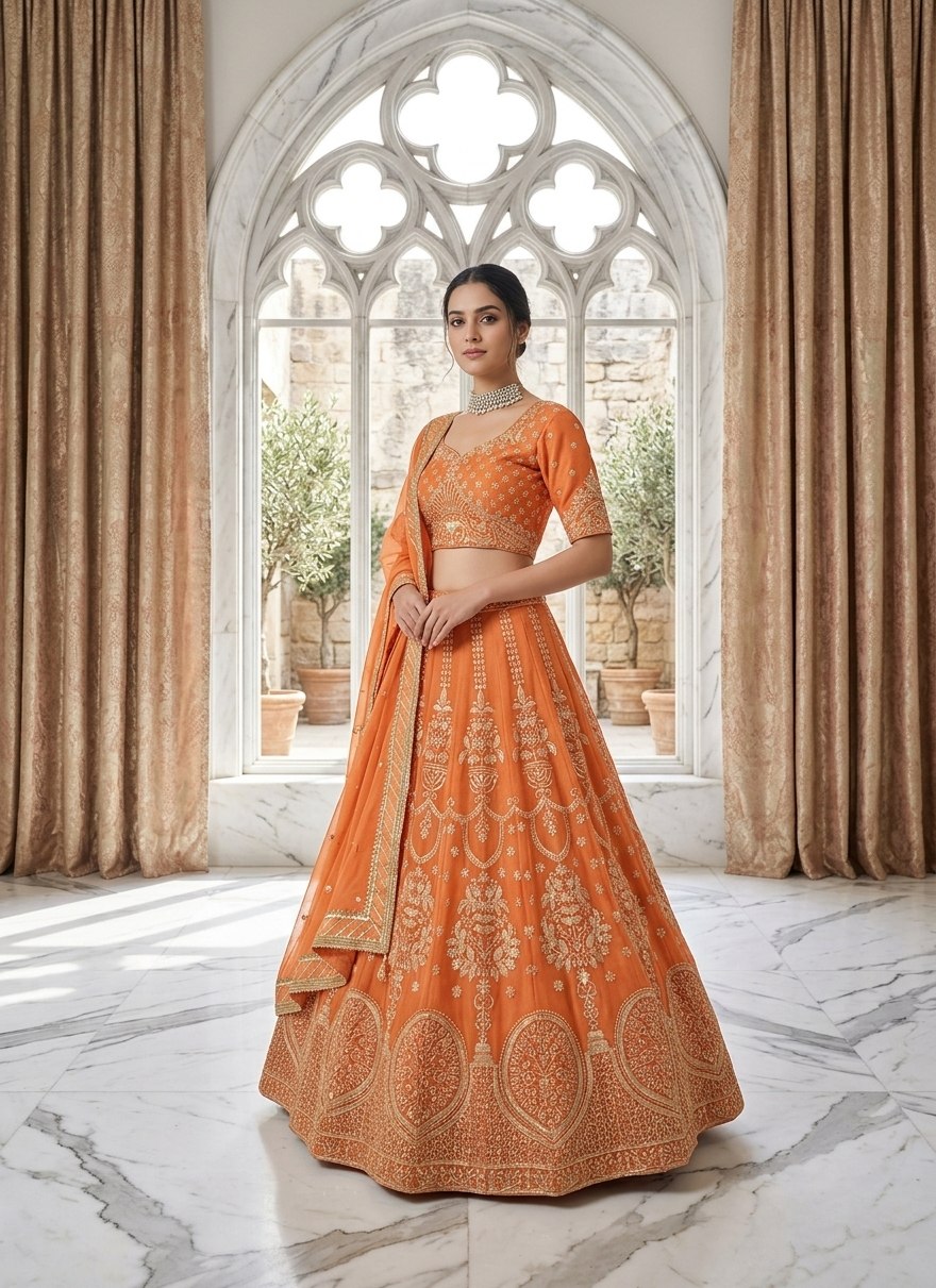 Lehenga Mart Gorgeous Lehenga Choli For Wedding-Orange - Dista