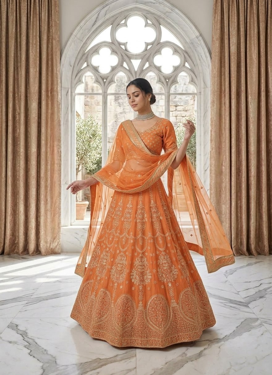 Lehenga Mart Gorgeous Lehenga Choli For Wedding-Orange - Dista