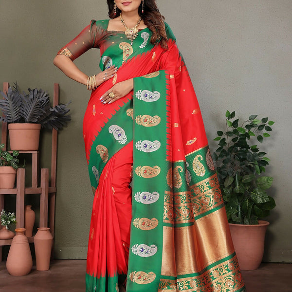 Joban Fashion Banarasi Red Butti Soft Silk Saree - Distacart