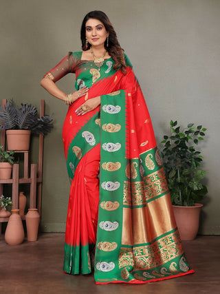 Joban Fashion Banarasi Red Butti Soft Silk Saree