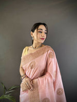 Thumbnail for Joban Fashion Peach Floral & Paisley Linen Silk Banarasi Saree - Distacart