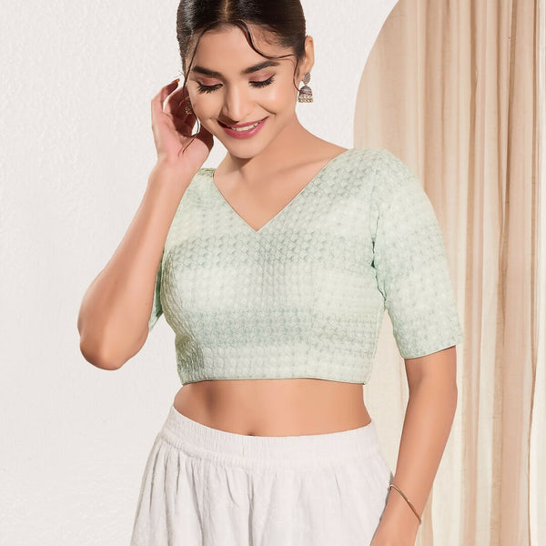 Joban Fashion Pista Green Crochet Padded Blouse With V Neck Elbow Sleeves - Distacart