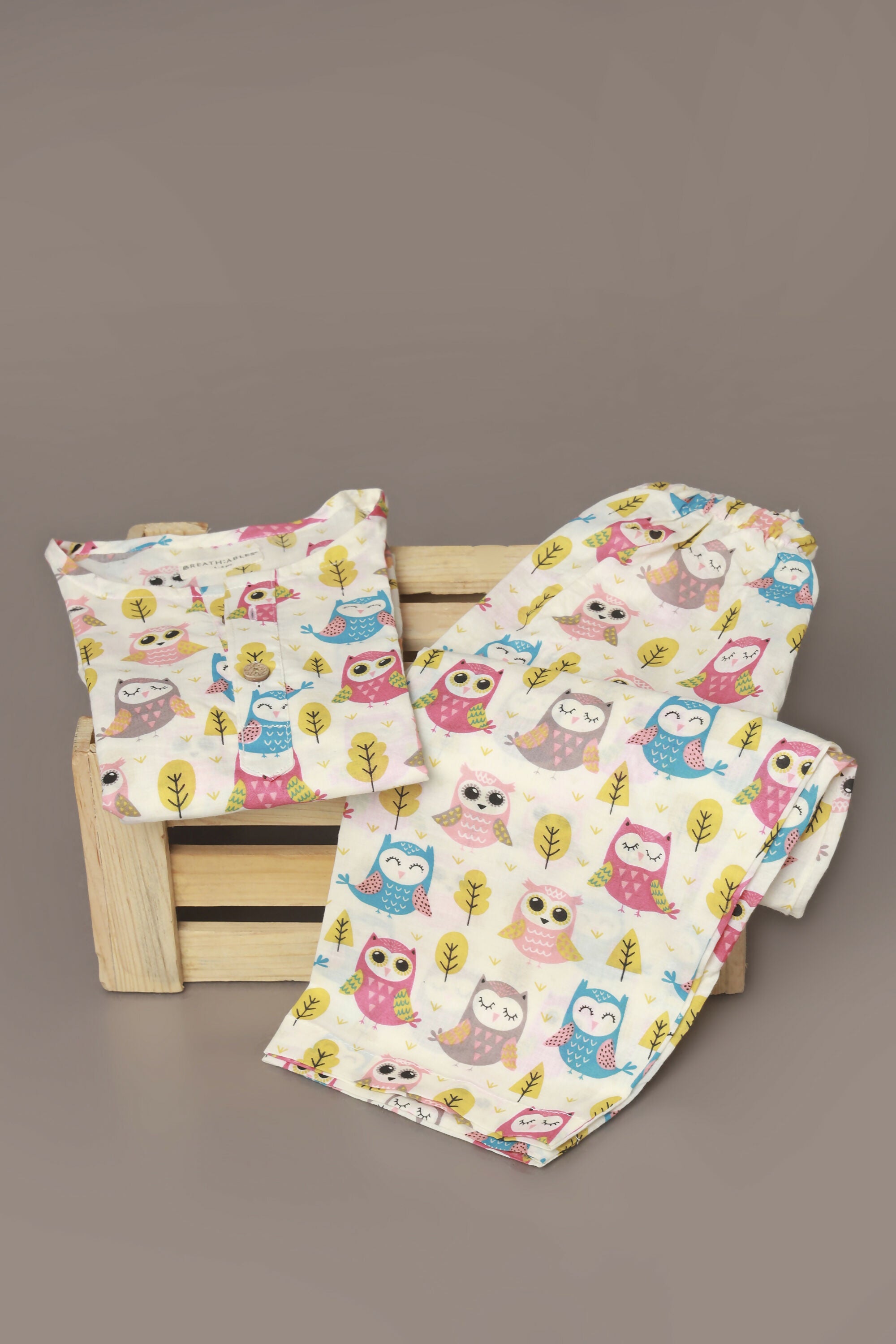 Breathables Wine Cotton Camel Print Night Suit For Kids - Dista
