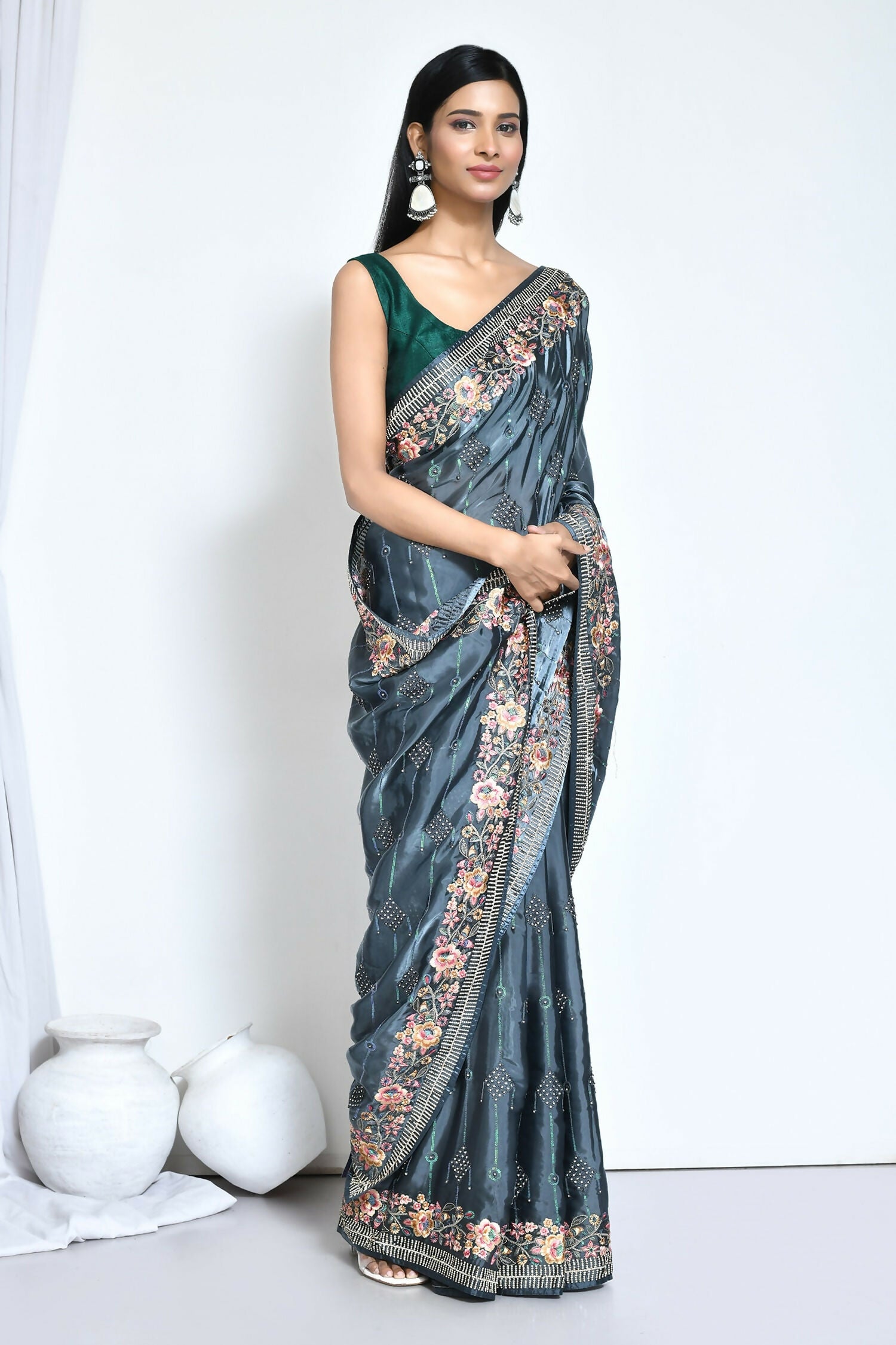 Teal Satin Silk Sequence Embroidered with Stone work Saree - Nimaya Benzy - Distacart