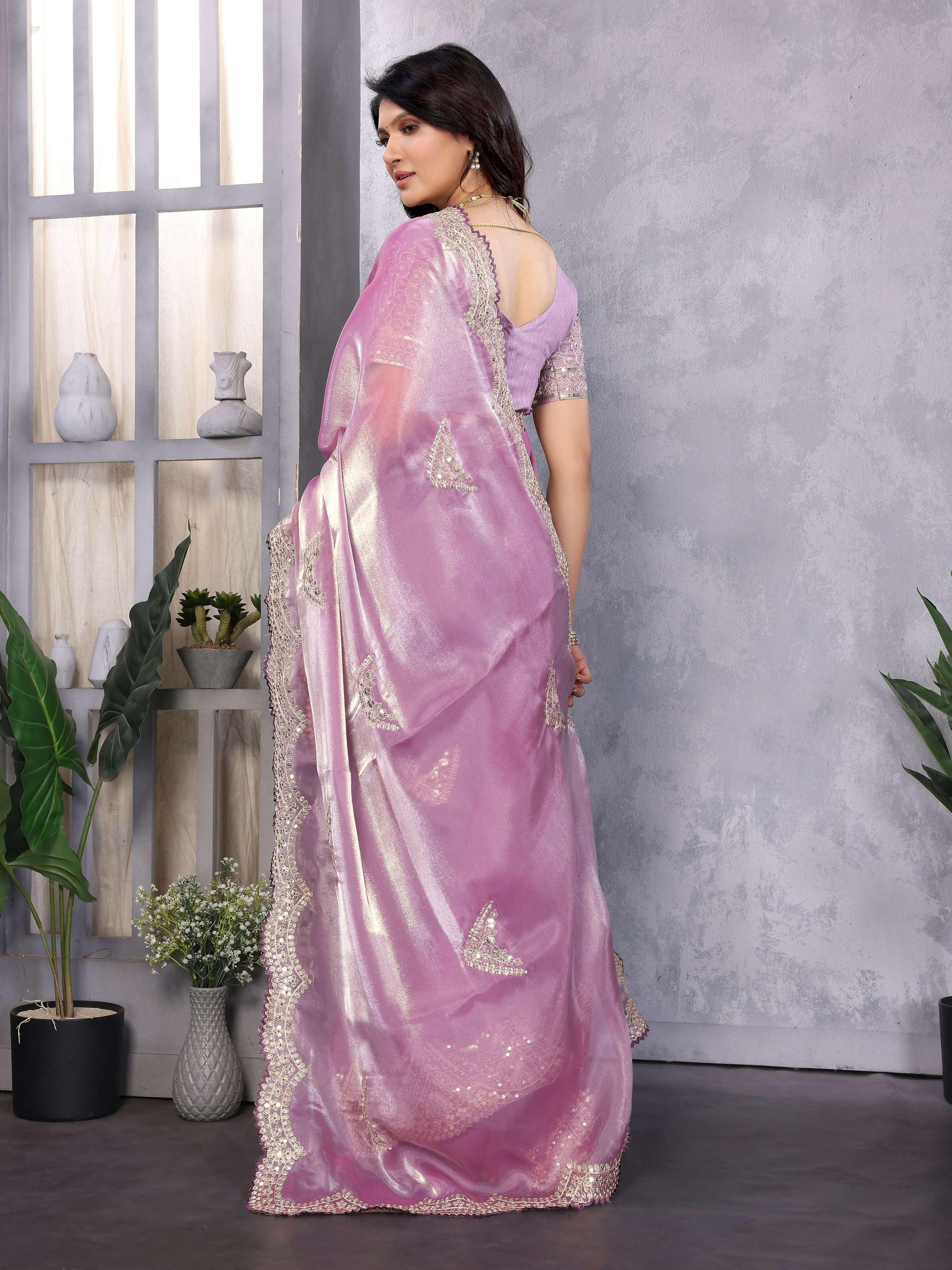 Vastranavya Lavender Embroidery Work Shimmer Chiffon Saree with Unstitched Blouse