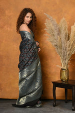 Thumbnail for Very Much Indian Modal Silk Ajrakh Handblock Printed Natural Dyes With Designer Border Saree - Blue - Distacart