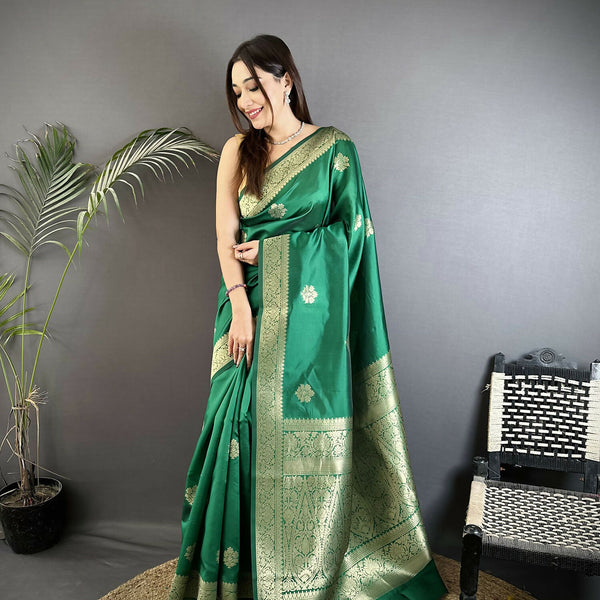Joban Fashion Green Floral Jacquard Woven Design Cotton Silk Banarasi Silk Saree - Distacart