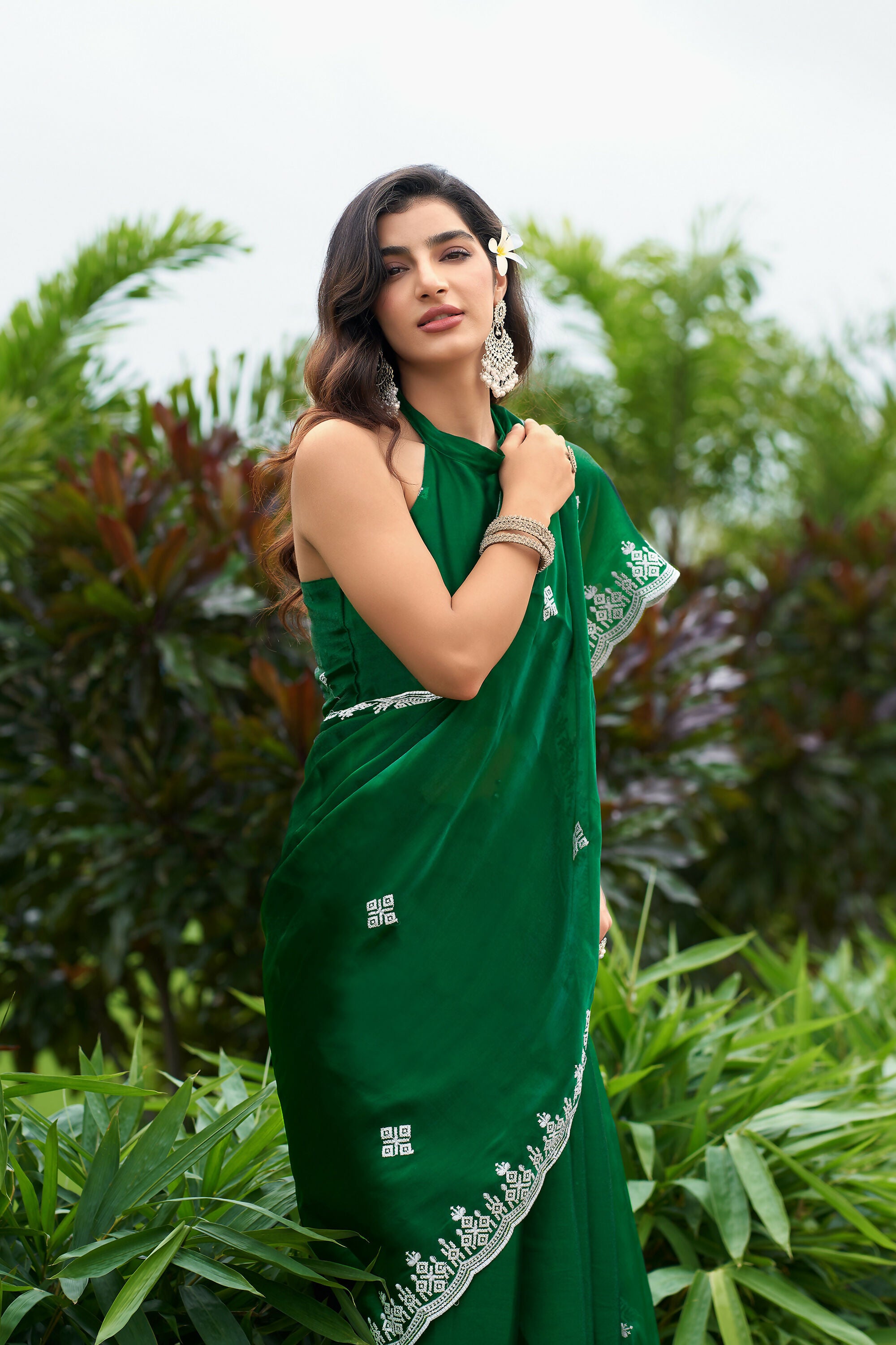 Vastranavya Green Embroidery Work Shimmer Chiffon Saree with Unstitched Blouse