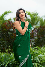 Thumbnail for Vastranavya Green Embroidery Work Shimmer Chiffon Saree with Unstitched Blouse