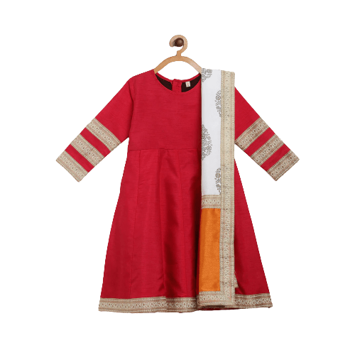 Ahalyaa Red Poly Silk Anarkali Kids Kurta With Dupatta Set For Girls - Distacart