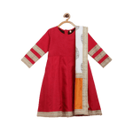 Thumbnail for Ahalyaa Red Poly Silk Anarkali Kids Kurta With Dupatta Set For Girls - Distacart