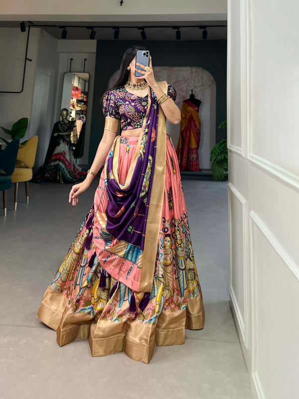 Vastranavya Kalamkari Print With Weaving Border Lehenga with Unstitched Blouse - Peach - Distacart