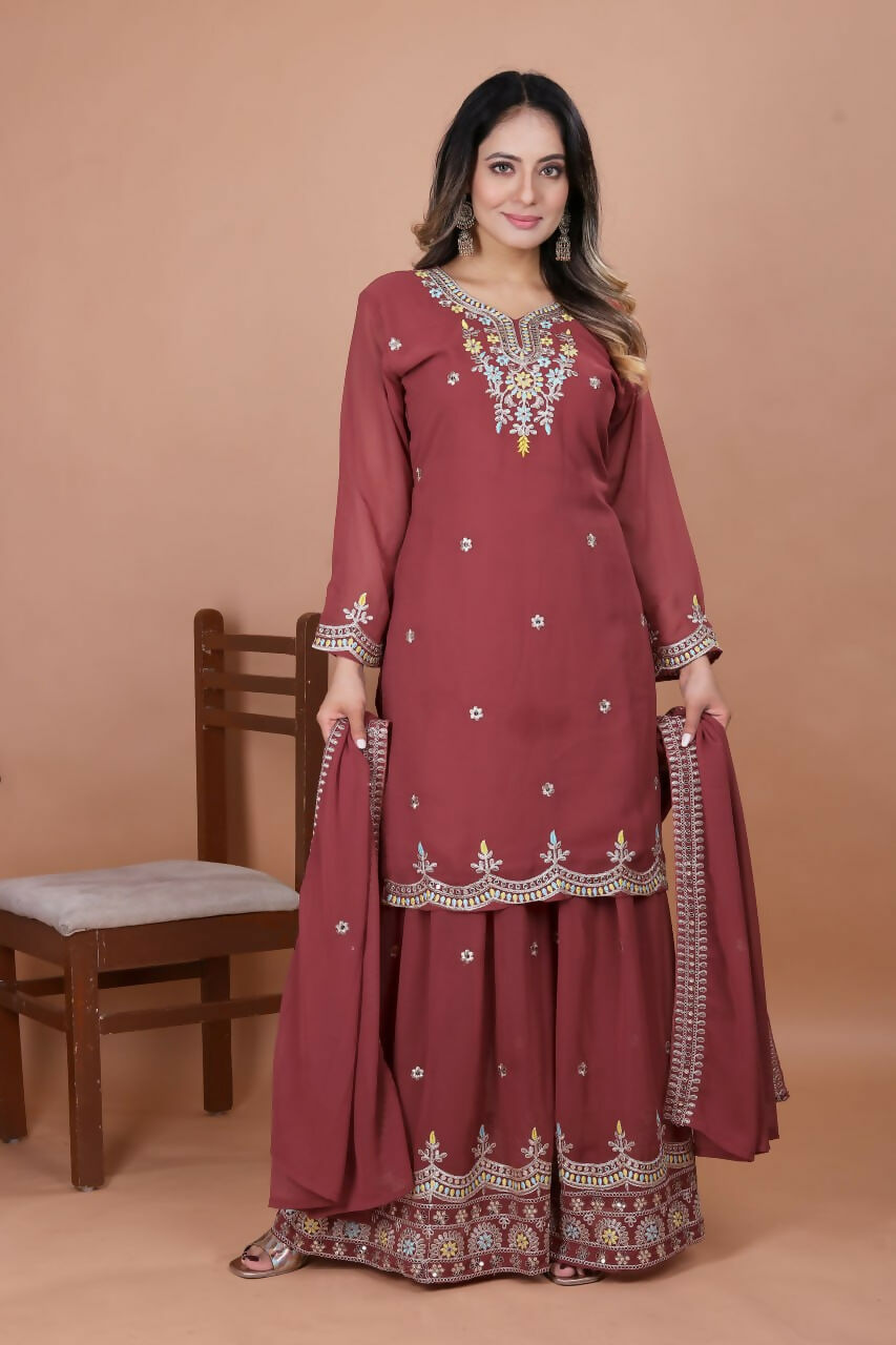 Teeya Creation Brown Color Faux Georgette Embroidery Work Wedding Wear Palazzo Set - Distacart