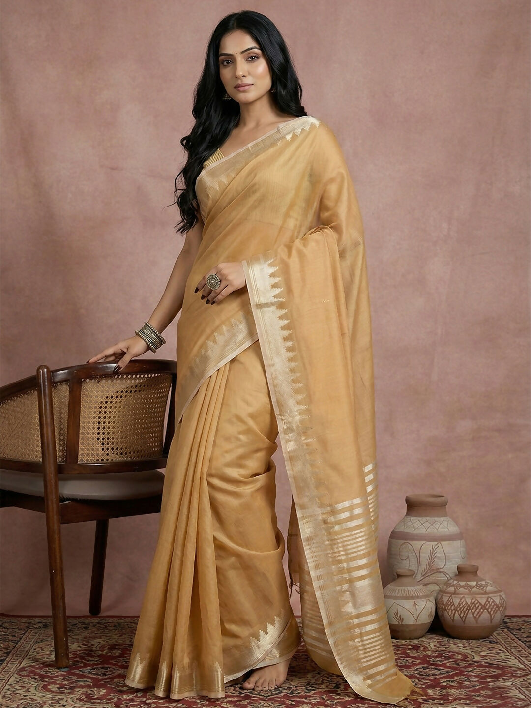 Astita Golden Cotton Saree - Distacart