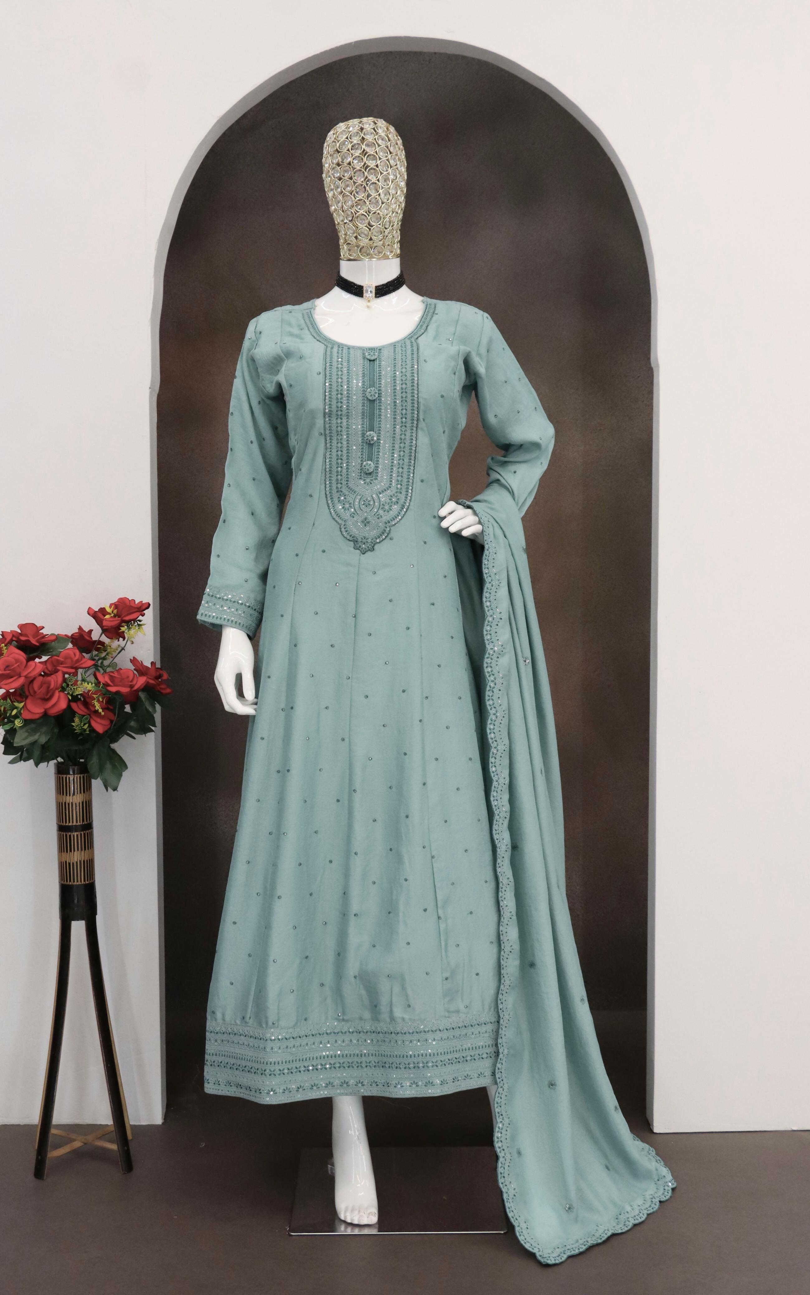 Teeya Creation Teal Color Heavy Vichitra Silk Embroidery Work Long Gown - Distacart