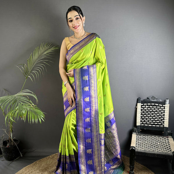 Joban Fashion Parrot Green Banarasi Soft Silk Woven Butti Saree
