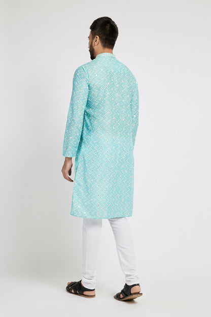 Ethnic India Blue Men's Kurta Embellished Polyester - Distacart