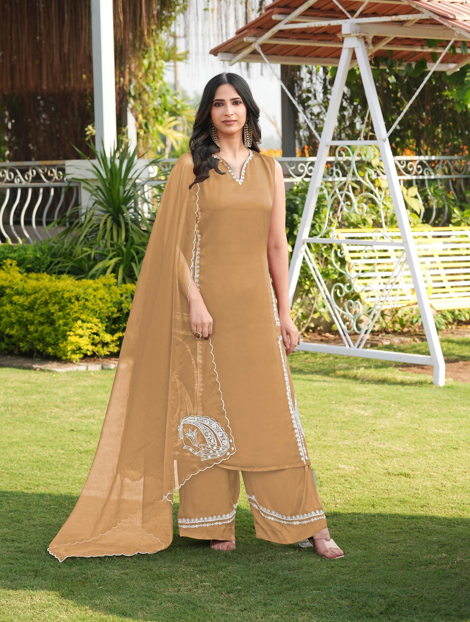 Nikhaar Light Brown Embroidered Modal Silk Stitched Straight Cut Kurta Culottes Dupatta Readymade Suit - Dista