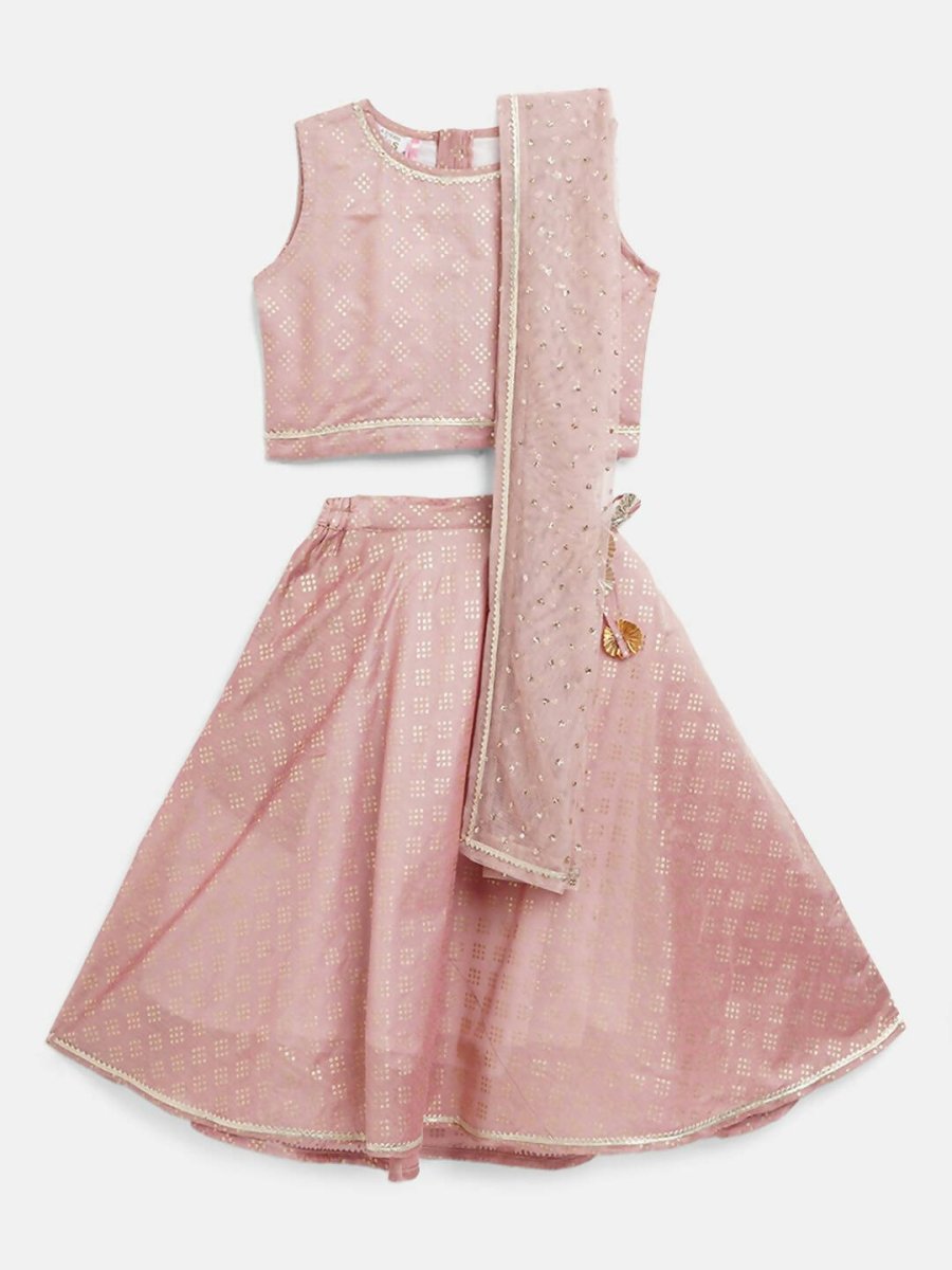 Ahalyaa Rusty Rose Chanderi Gold Foil Print Lehenga Choli With Dupatta For Girls - Distacart