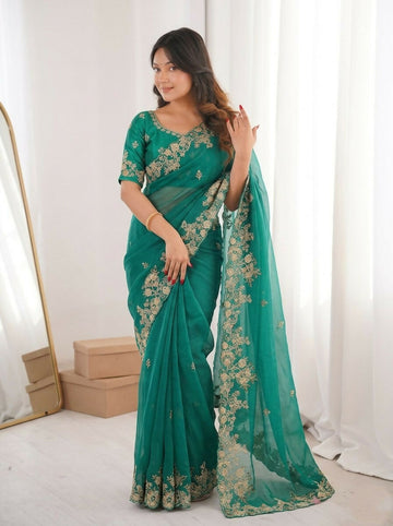 Teeya Creation New Womens Latest Party Wear Soft Chiffon Silk Saree-Teal - Dista
