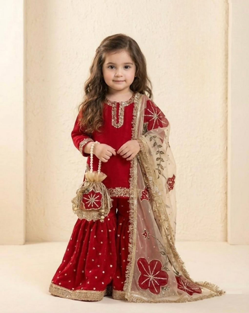 Teeya Creation New Kids Trendy Wedding Wear Traditional Kurta Sharara Set-Maroon - Dista