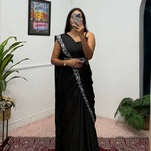Teeya Creation Black Color Chinon Silk Wedding Wear Ready To Wear Saree With Koti - Distacart