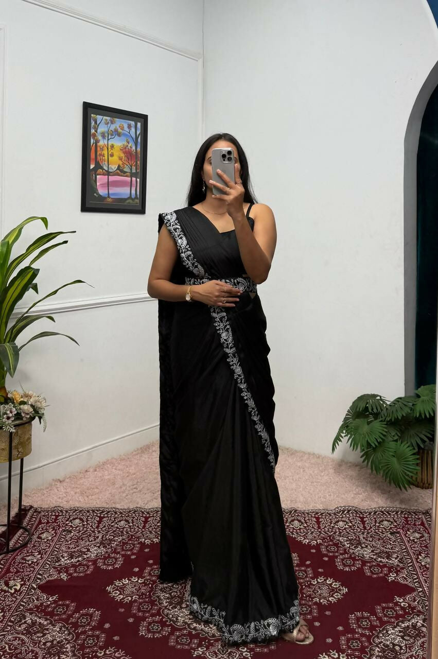 Teeya Creation Black Color Chinon Silk Wedding Wear Ready To Wear Saree With Koti - Distacart