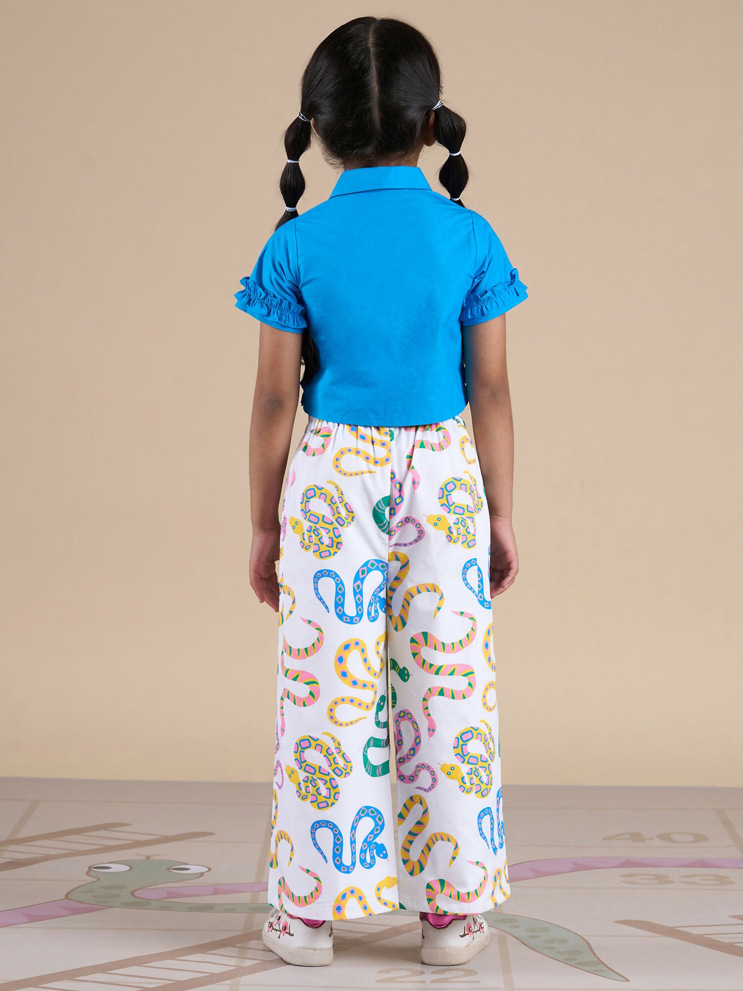 Snakes and Ladders Girls Blue Shirt and Multi Color Snake Print Pant Set from Siblings Collection - Distacart